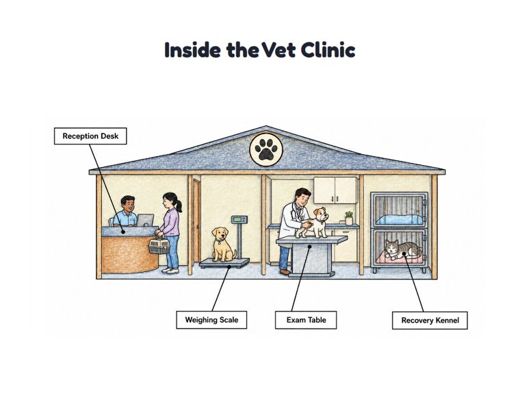 Inside the Vet Clinic worksheet (Medium, Grades 1–2)