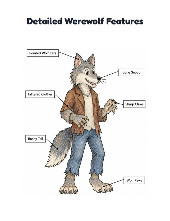 Detailed Werewolf Features worksheet (Hard, Grades 3–4)