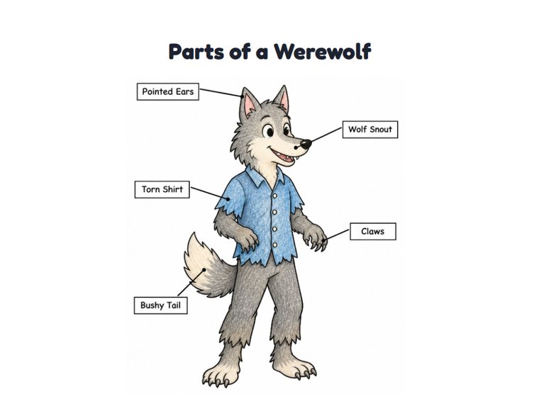 Parts of a Werewolf worksheet (Medium, Grades 1–2)