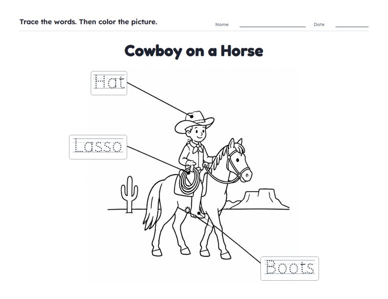 Cowboy on a Horse worksheet (Easy, Pre-K–K)