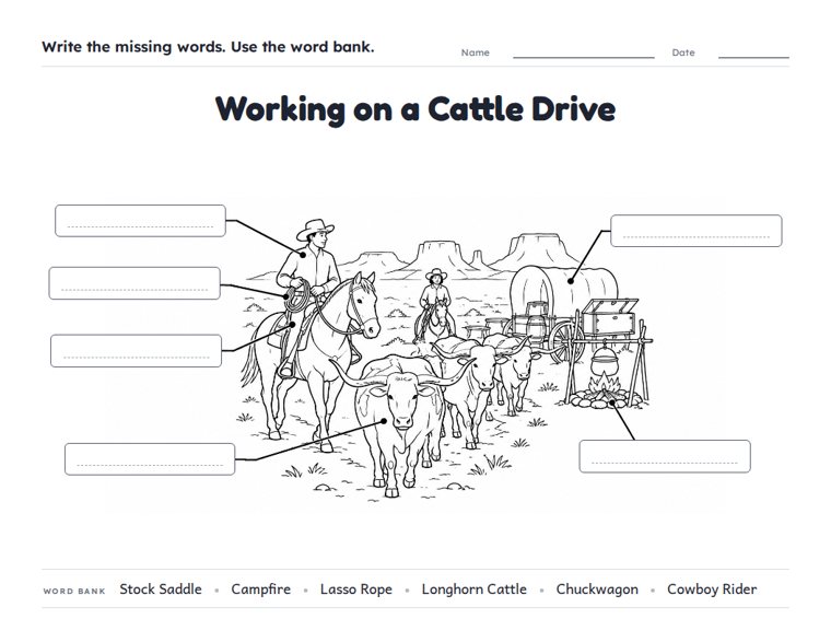 Working on a Cattle Drive worksheet (Hard, Grades 3–4)