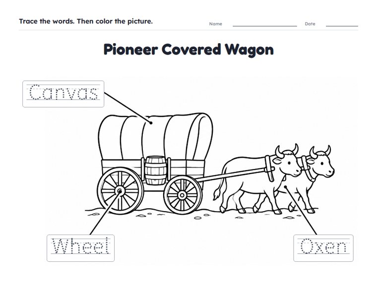 Pioneer Covered Wagon worksheet (Easy, Pre-K–K)