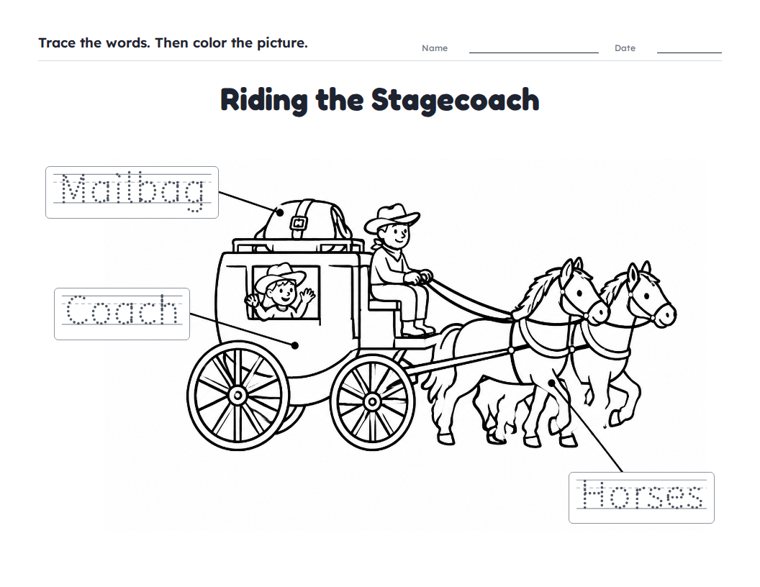 Riding the Stagecoach worksheet (Easy, Pre-K–K)