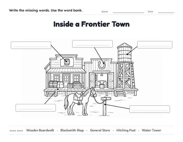 Inside a Frontier Town worksheet (Medium, Grades 1–2)