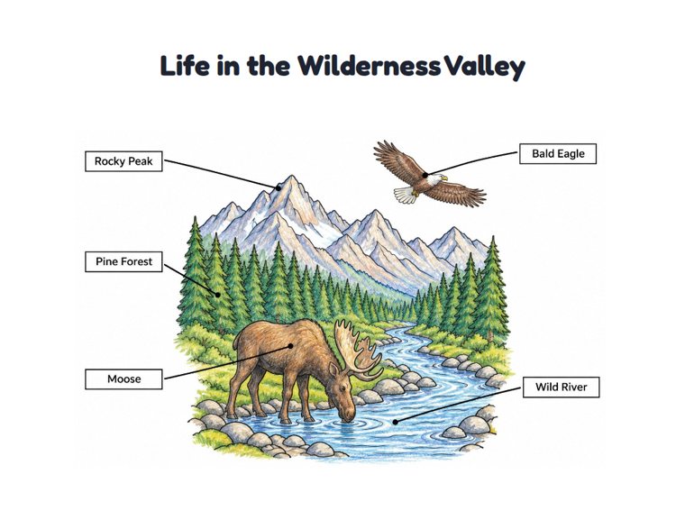 Life in the Wilderness Valley worksheet (Medium, Grades 1–2)