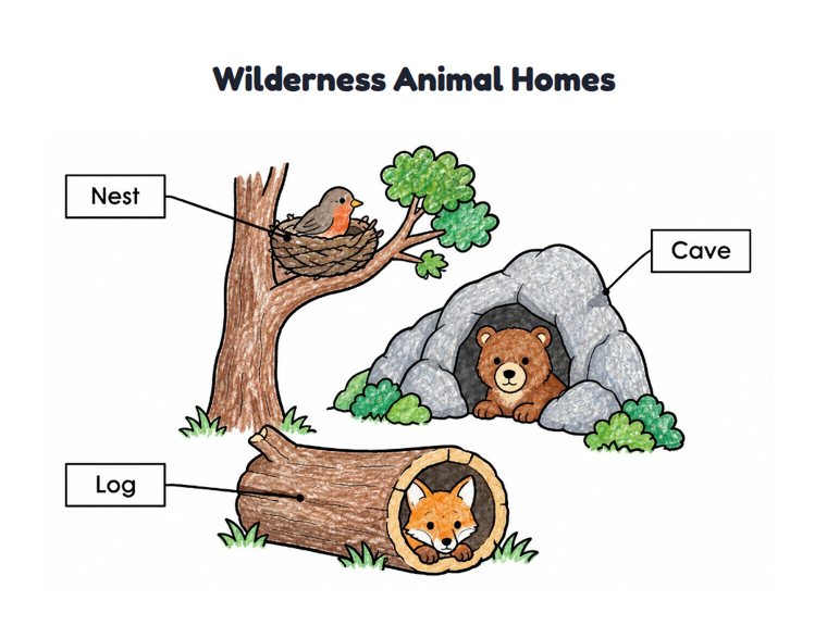 Wilderness Animal Homes worksheet (Easy, Pre-K–K)