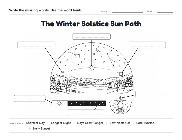 The Winter Solstice Sun Path worksheet (Hard, Grades 3–4)