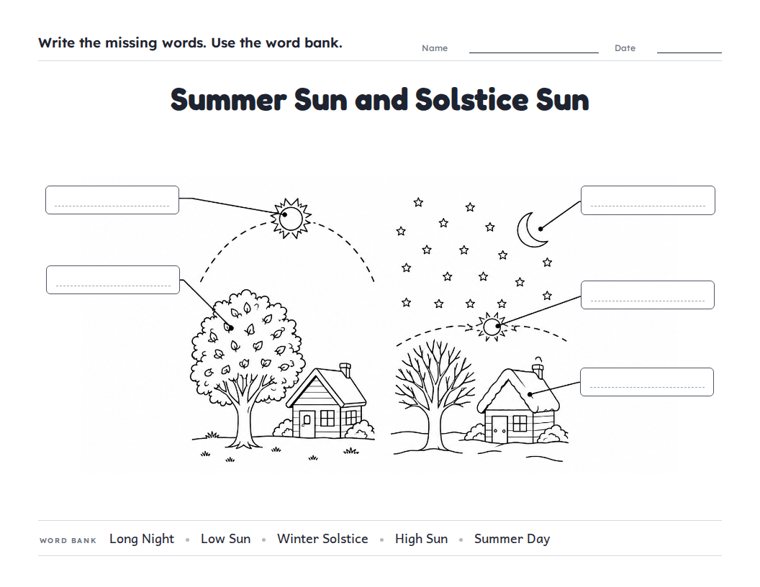 Summer Sun and Solstice Sun worksheet (Medium, Grades 1–2)