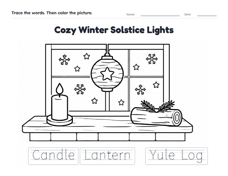 Cozy Winter Solstice Lights worksheet (Easy, Pre-K–K)