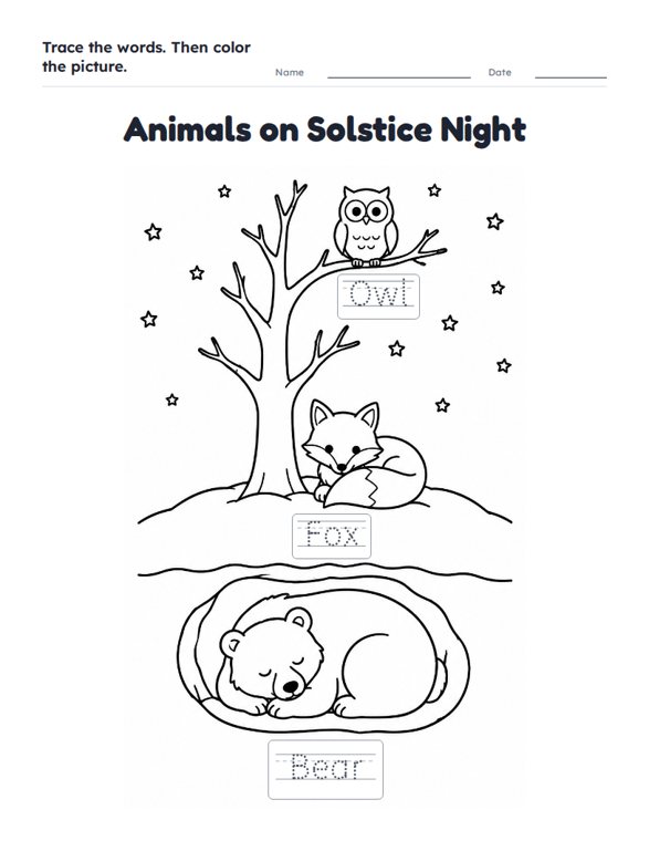 Animals on Solstice Night worksheet (Easy, Pre-K–K)