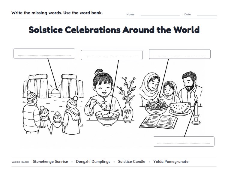 Solstice Celebrations Around the World worksheet (Medium, Grades 1–2)