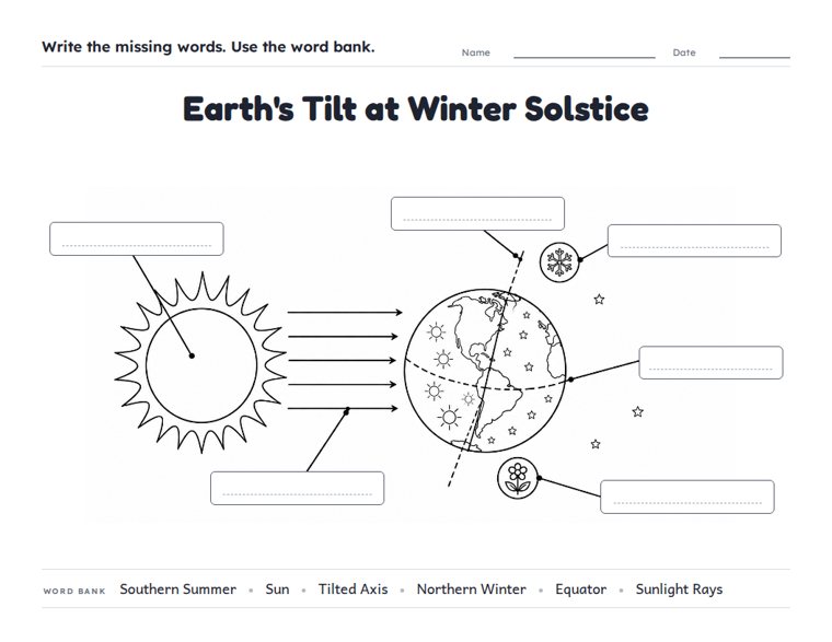 Earth's Tilt at Winter Solstice worksheet (Hard, Grades 3–4)