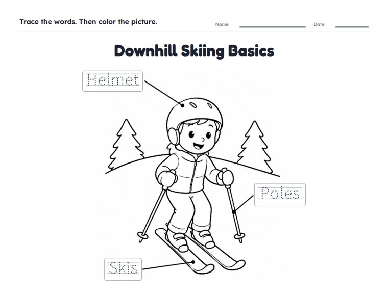 Downhill Skiing Basics worksheet (Easy, Pre-K–K)