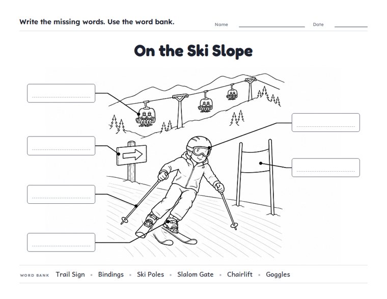 On the Ski Slope worksheet (Hard, Grades 3–4)
