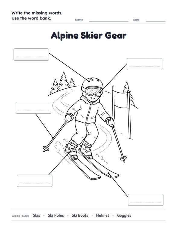 Alpine Skier Gear worksheet (Medium, Grades 1–2)