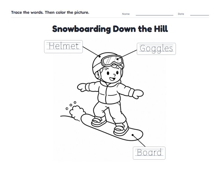 Snowboarding Down the Hill worksheet (Easy, Pre-K–K)
