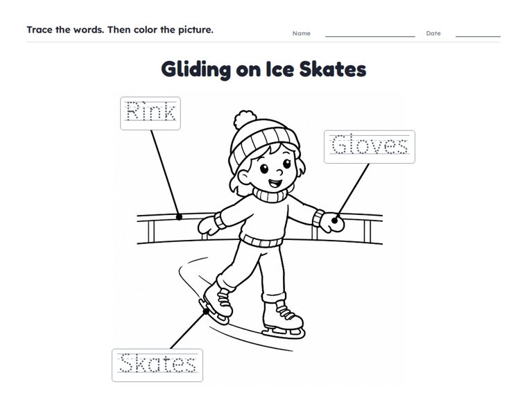 Gliding on Ice Skates worksheet (Easy, Pre-K–K)