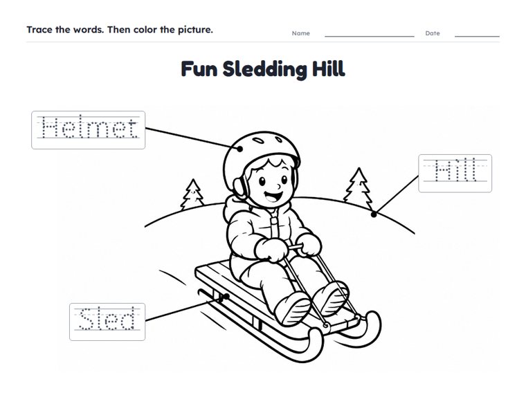 Fun Sledding Hill worksheet (Easy, Pre-K–K)