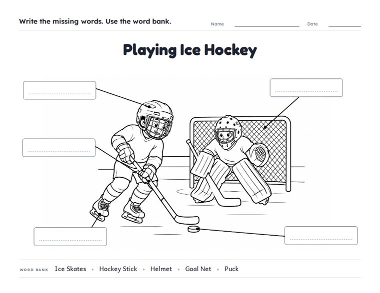 Playing Ice Hockey worksheet (Medium, Grades 1–2)