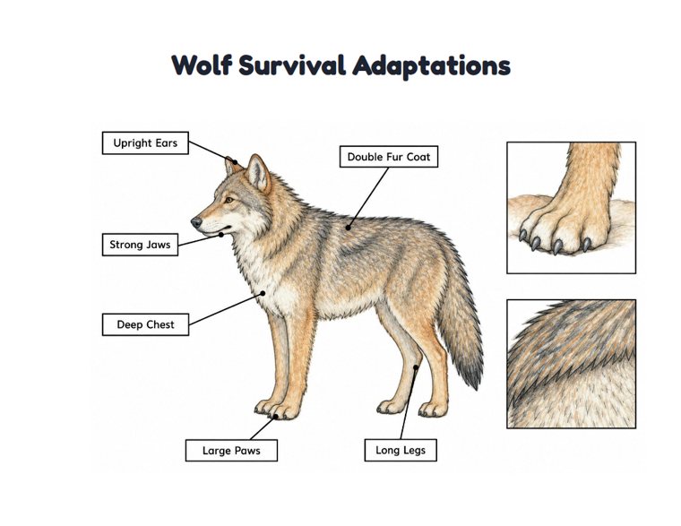 Wolf Survival Adaptations worksheet (Hard, Grades 3–4)