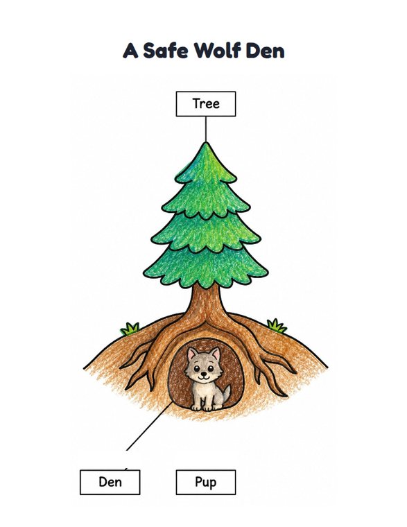 A Safe Wolf Den worksheet (Easy, Pre-K–K)