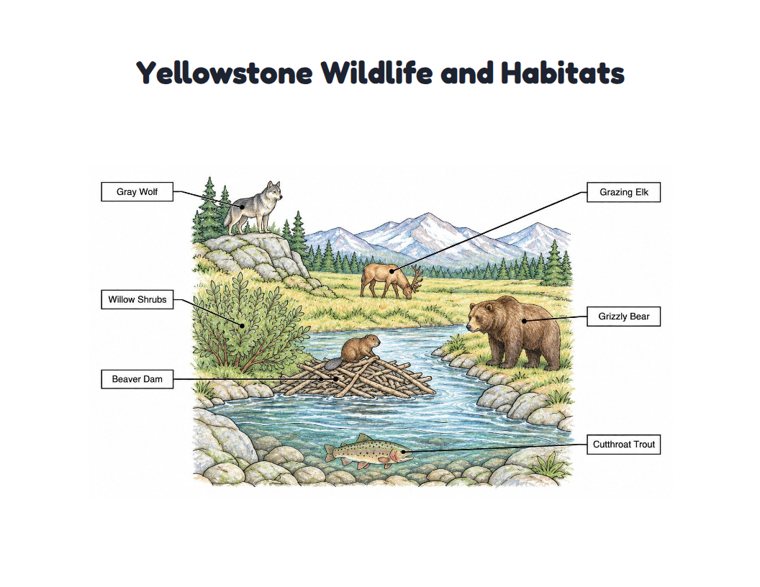 Yellowstone Wildlife and Habitats worksheet (Hard, Grades 3–4)